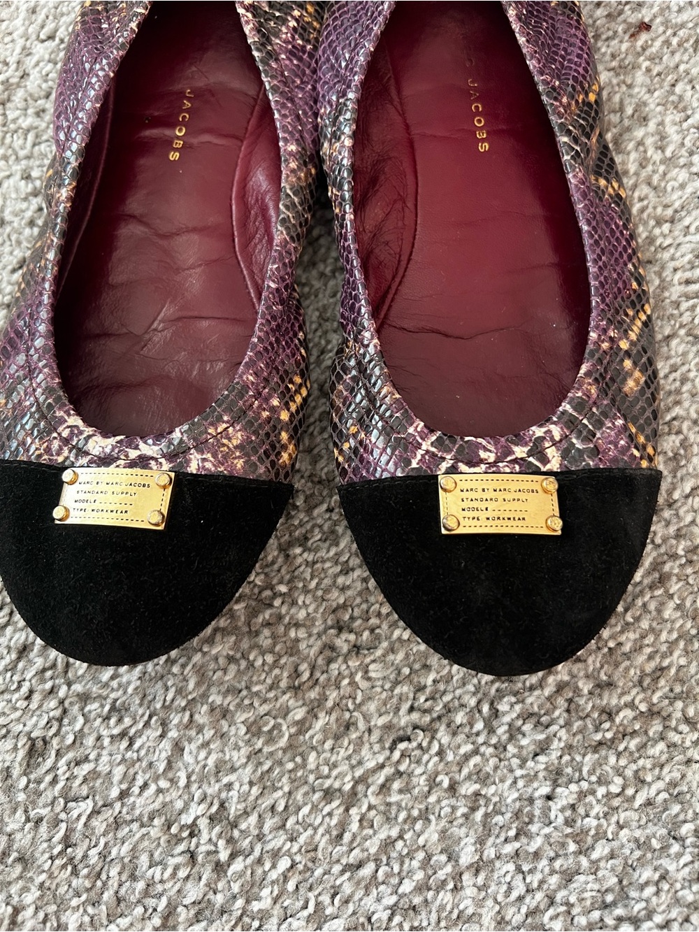 Marc Jacobs Purple Snake-Print Ballet Flats with Black Suede Cap Toe